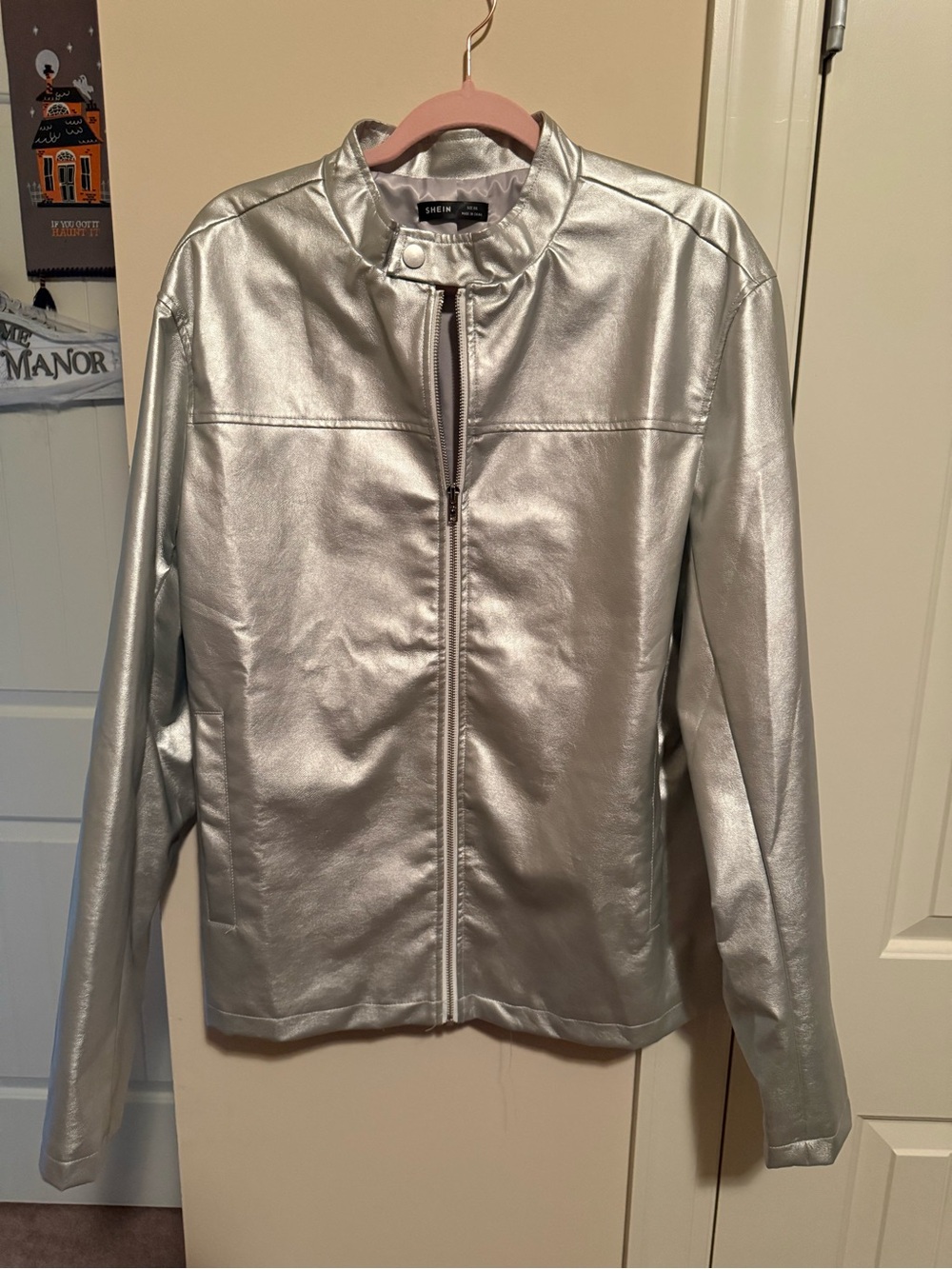 SHEIN AXEPEAK men’s reflective silver faux leather zip-up jacket